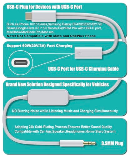 Aux to USB C, 2-in-1 USB-C to Aux 코드, 삼성 갤럭시, 아이폰 에어/17/16/15, 자동차 USB 타입-C - 3.5mm 수 오디오 케이블 통화 및 충전 지원 차량 스테레오, 스피커, 헤드폰 - style: 충전용 USB-C 포트
