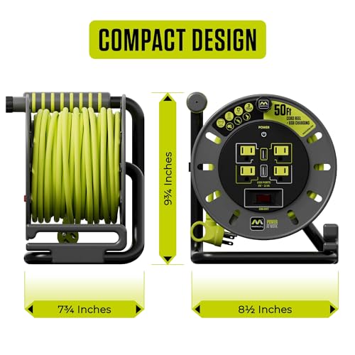 Masterplug 50ft Cord Reel, Retractable Extension Lead with Winding Handle, Safety Overload Circuit Breaker and Power Switch, 4X Grounded Outlets, 2X USB Ports, 13amps, 14AWG Cable - size: 50ft, style: 14 AWG