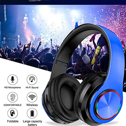 Wireless Bluetooth Headphones with Colorful LED Lights, Blue | Built-in Mic, Light Weight, Foldable, Wired HiFi Stereo Headphones for Classroom/Home Office/PC/Mobile Phone/Kids Adult - color: Blue