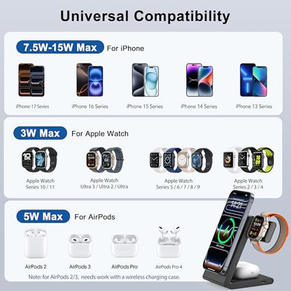 New Travel Foldable 3 in 1 Wireless Charging Station for Apple Magsafe Charger Stand,Fast Magnetic Wireless Charger Station for iPhone 17 Air 16 15 14 13 12 Series,Airpods Pro,Apple Watch Ultra-Black - color: Black