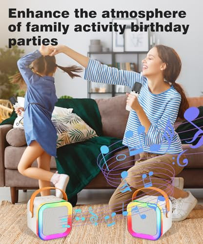 Mini Kids Karaoke Machine Toy Ages 3-12, 2 Wireless Mics Bluetooth Speaker | LED Party Lights, Voice Changer, Duets, BT 5.3, Rechargeable Portable, Christmas Birthday Gifts for Toddler Boys & Girls - color: Off-White - 2 Mics