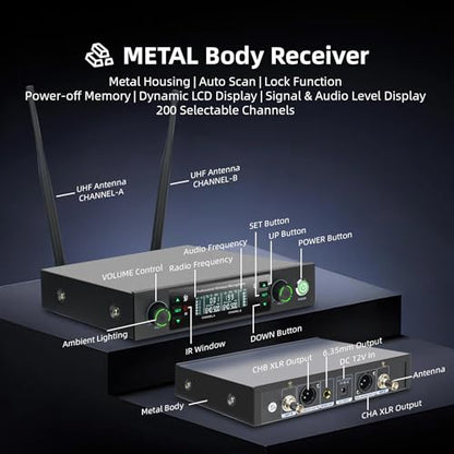 Professional Wireless Microphone System, 500ft Long Range 2.4G Cordless Mic Set with 40H Playtime, Dynamic Microphones Memory Function for Karaoke Singing, DJ, Church, Party, Wedding