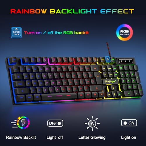 BlueFinger RGB Gaming Keyboard and Backlit Mouse and Headset Combo, USB Wired Backlit Keyboard, LED Gaming Mouse Set, Headset with Microphone for Laptop PC Computer Game and Work - color: Black