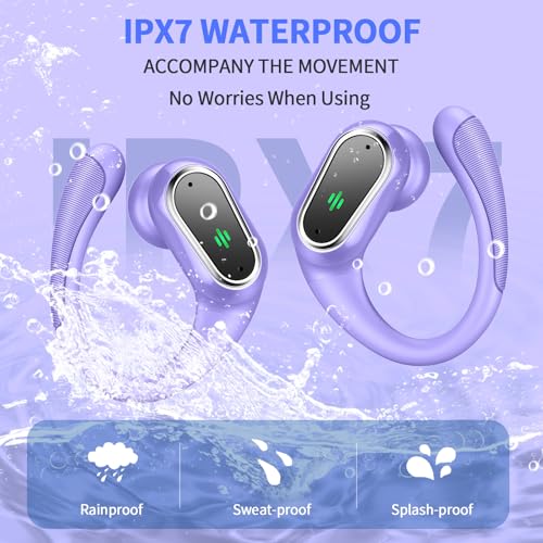 Wireless Earbuds, 2026 Bluetooth 5.4 Headphones, ENC Noise Canceling Mic | 60Hrs+ Stereo Wireless Headphones, IP7 Waterproof Bluetooth Earbuds, Sport Earhooks, Dual LED Display, for Workout, Running - color: comb purple