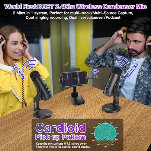 ZealSound Wireless Podcast Microphone for PC & iPhone, Dual Desktop Mics with Noise Reduction, Tap-to-Mute, Gain & Echo Controls, Zero-Latency Monitoring for Podcasting & Streaming YouTube TikTok - color: Phantom Black