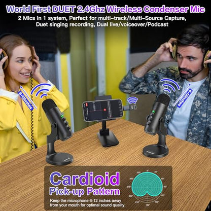 ZealSound Wireless Podcast Microphone for PC & iPhone, Dual Desktop Mics with Noise Reduction, Tap-to-Mute, Gain & Echo Controls, Zero-Latency Monitoring for Podcasting & Streaming YouTube TikTok - color: Phantom Black
