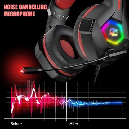 Ozeino Gaming Headset for PC, Ps4, Ps5, Xbox Headset with 7.1 Surround Sound, Gaming Headphones with Noise Cancelling Mic RGB Light Over Ear Headphones for Xbox Series X/S, Switch -Red - color: Red