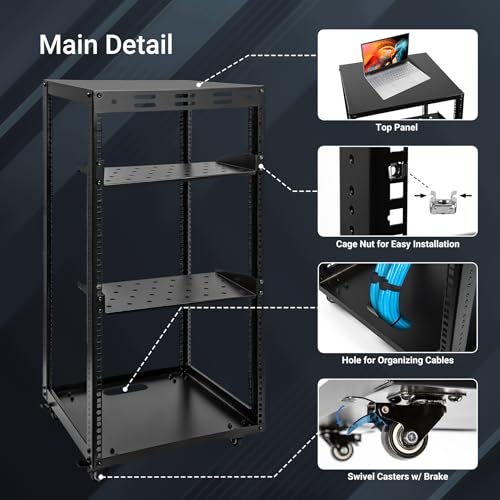 20U Server Rack w/ 2 Racks, Versatile Open Frame IT Rack | Wall-Mount AV Rack w/ Top & Bottom Panels, Hook and Loop Straps for 19" Stereo/Data/IT/Computer Equipment - size: 20U