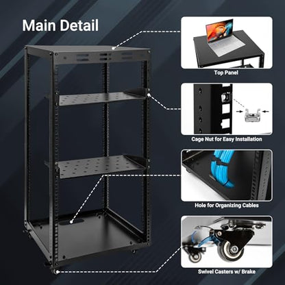 20U Server Rack w/ 2 Racks, Versatile Open Frame IT Rack | Wall-Mount AV Rack w/ Top & Bottom Panels, Hook and Loop Straps for 19" Stereo/Data/IT/Computer Equipment - size: 20U