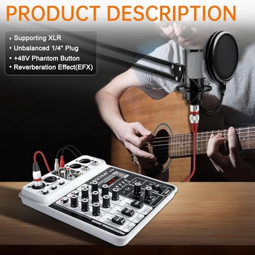 4-Channel DJ Audio Mixer, Bluetooth Sound Board with USB MP3 Input | Compact Mixer Board with 48V Phantom Power, Monitoring, Effects, for Karaoke, Podcast, Live Stream, Home Recording & DJ