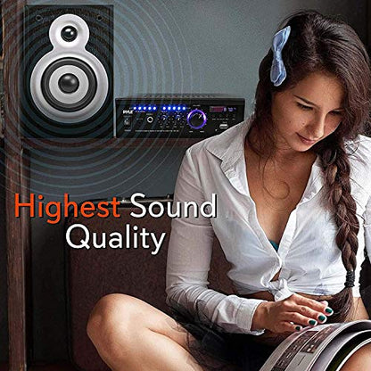 Pyle Home Power Amplifier with Bluetooth Wireless - 2 x 120 Watt Stereo Receiver w/ Blue LED Level Meter, FM Radio, USB-A Input w/ MP3 Player, SD Card In, Aux, RCA, Headphone Jack - PCAU46BA