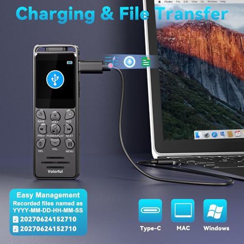 Digital Voice Recorder with Playback, Volorful 80H HD Recording Device | External Microphone, AI Noise Reduction, One Touch Recording/Lock, Voice Activated, Password, Lecture Meeting Interview Class