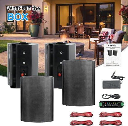 Herdio 6.5 inch 800W Outdoor Bluetooth Speakers Waterproof Wall Mounted Sound System with Multifunctional Amplifier, Powerful Bass & Stereo Sound, Easy to Install, for Patio Deck Porch (2 Pairs Black) - color: Black