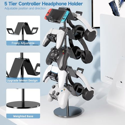 Controller Stand,5 Tier Headphone Holder for Classroom | Universal Compatibility,Holds 10 Controllers or 2 Headsets + 5 Controllers,Sturdy build,Space-Saving Organizer,For Gamer
