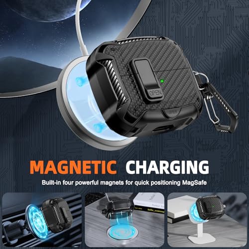 Safety Lock Case for Samsung Galaxy Buds3 FE/Pro/3 (Black) | Compatible with MagSafe, Carbon fibre texture Design,with Phone Stand& Cleaning kit,Keychain, - color: A-A-b-Black