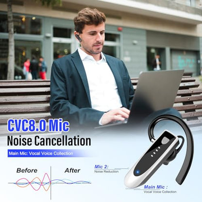 Atheewon Bluetooth Earpiece, Wireless Handsfree with Noise Cancelling Mic, 20Hrs Call Time Bluetooth 5.4 Headset, 180 Hrs Standby Time Headset for Business/Trucker/Driver, Bright Silver - color: Bright Silver