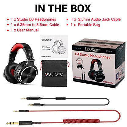 Boytone BT-10RD Wired Over Ear Headphones Studio Monitor & Mixing DJ Stereo Headsets with 50mm Drivers and 1/4 to 3.5mm Audio Jack, Foldable for Computer Audio Mixer, DJ Headphone