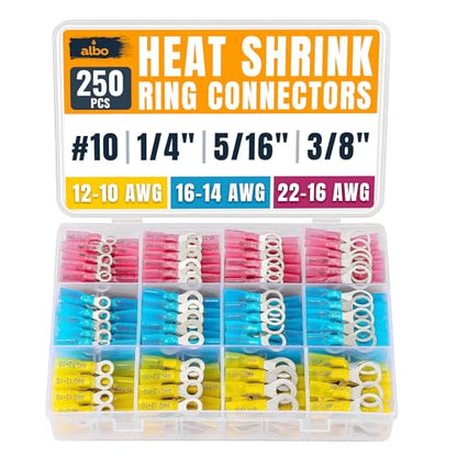 ALBO 250PCS Heat Shrink Ring Terminal Kit – Wire Terminal Connectors Assortment for 22-10 AWG, Waterproof Electrical Connectors Set – Tinned Copper Electrical Ring Terminals | Closed-Ring Design Helps Prevent Pull-Off, Loose Wiring and Connection Failure