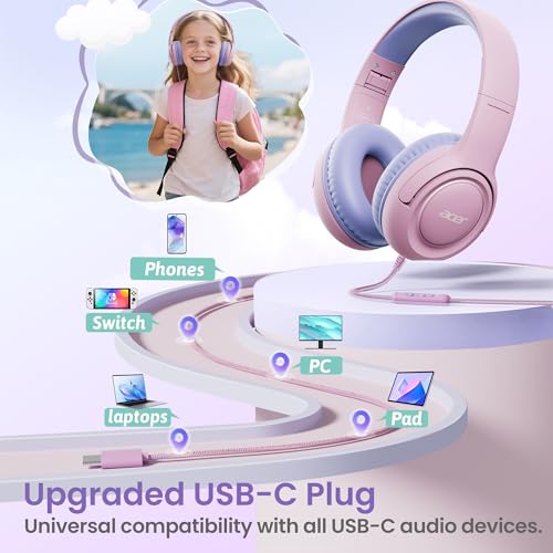 Acer USB‑C Kids Headphones for School, 85‑94dB Limiter, w/Mic HK03C | Foldable Wired Over Ear Headphones, for Toddler School/Travel/iPad/Tablet, Purple‑Pink - color: USB-C Purple Pink