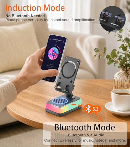 Induction Speaker Phone Stand, Desktop Holder Compatible with iPhone Android Tablet, Portable Bluetooth 5.3 Speaker, USB Emergency Charge, Tech Gifts for Men Women Birthday