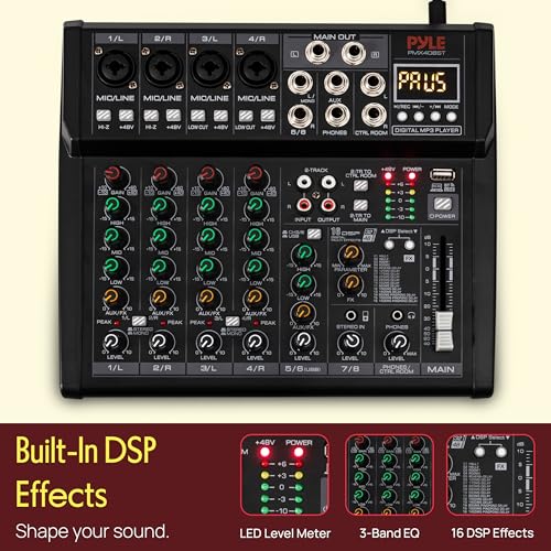 Pyle 8 Channel Studio Mixer - Small Footprint, USB - PC Recording, Bluetooth In, MP3 Player, DSP Effects, +48V Phantom Power, XLR Combo Inputs, Control Room Out, Smooth Dials and Faders - PMX408ST - size: 8