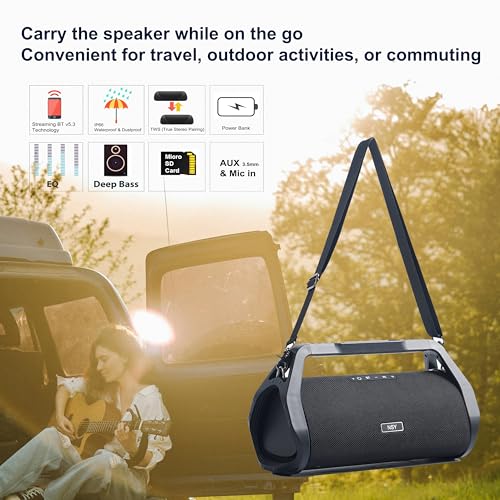 80W Loud Boombox Outdoor Speaker, IP66 Waterproof & Dustproof | Bluetooth/AUX/USB/Mic Inputs, Punchy Bass, Strap & Handle, No Lights, for Yoga Instructors, Meditation, Pilates, Fitness