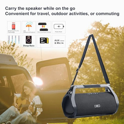 80W Loud Boombox Outdoor Speaker, IP66 Waterproof & Dustproof | Bluetooth/AUX/USB/Mic Inputs, Punchy Bass, Strap & Handle, No Lights, for Yoga Instructors, Meditation, Pilates, Fitness