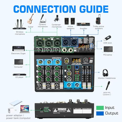 Depusheng Professional Audio Mixer Digital FX 256-Bit DSP USB Bluetooth MP3 Computer DJ Mixer 5 Channel input Interface with 48V Phantom Power for PC recording Live Streaming, Podcasting, Karaok