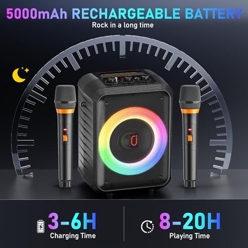 JYX Karaoke Machine, Portable Bluetooth Speaker with 2 Wireless Microphones, RGB Lights, Echo, 40W 5.25" Woofer, Rechargeable, AUX/USB/TF, Mic In, for Adults & Kids, Home Party & Outdoor&Church(Black) - color: Glossy Black