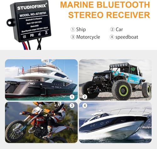 STUDIOFINIX Marine Bluetooth Receiver - IP67 Waterproof BT 5.3 Remote Wireless Connectivity, Stero Male RCA Output for Vehicle of Boat,UTV,ATV, Golf Carts,Motorcycles, Speakers