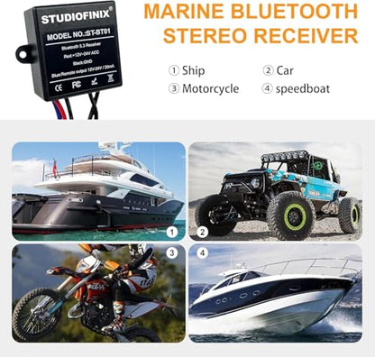 STUDIOFINIX Marine Bluetooth Receiver - IP67 Waterproof BT 5.3 Remote Wireless Connectivity, Stero Male RCA Output for Vehicle of Boat,UTV,ATV, Golf Carts,Motorcycles, Speakers