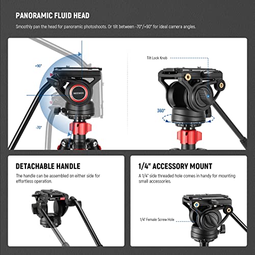 NEEWER 72" Fluid Head Video Tripod Monopod, Aluminum Alloy QR Plate Compatible with DJI RS Gimbal, 360° Pan & +90°/-70° Tilt for DSLR Camera Camcorder, Max Load 13.2lb/6kg, TP72A - style: TP72A