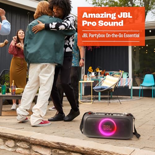 JBL PartyBox On-the-Go Essential - Portable Party Speaker - Black | Amazing JBL Pro Sound, Synched light show, JBL wireless microphone included, IPX4 splashproof protection