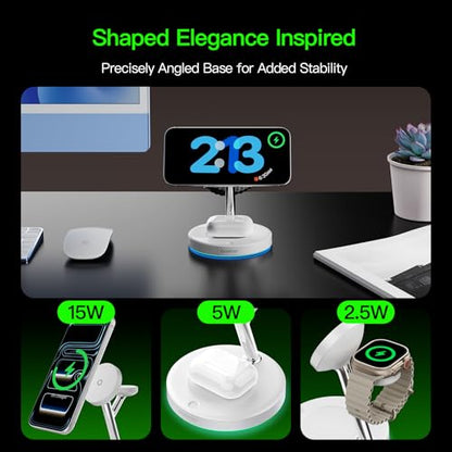 3 in 1 MagSafe Wireless Charger Stand for iPhone Apple Watch AirPods | Adjustable Blue Ambient Light,15W Magnetic Charging Station for iPhone 17 16 15 14 13 12 Series Wireless Charging Station - color: White