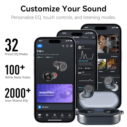 TOZO T10 Wireless Earbuds Powerful Bass Stereo Wireless Charging, APP, IPX8 | Waterproof, 55H Playtime, Ergonomic Design In Ear buds, App Customize EQ, Bluetooth 5.3 Headphones for Work, Travel, Blue - color: Matte Blue