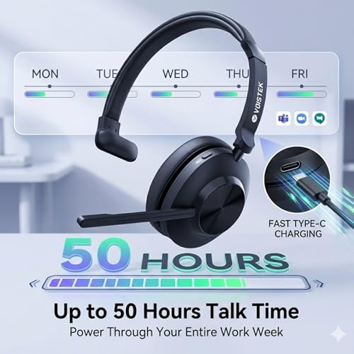 Voistek Wireless Headset with Mic for Work, Mono Bluetooth Computer Headset with USB Dongle, Noise Cancelling Mic, Mute Button, Wireless Business Headset for Zoom, Teams, Call Center, Home Office - color: Deep Black