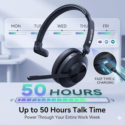 Voistek Wireless Headset with Mic for Work, Mono Bluetooth Computer Headset with USB Dongle, Noise Cancelling Mic, Mute Button, Wireless Business Headset for Zoom, Teams, Call Center, Home Office - color: Deep Black