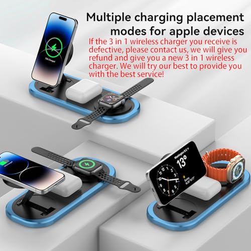 3 in 1 Fast Wireless Charger Stand for iPhone, Foldable Travel Charging Station for Magsafe for iPhone 17/Air/16/15/14/13/12 Series, Apple Watch Series, AirPods pro/2/3/4, 2025 Christ mas Gifts (Blue) - color: Blue