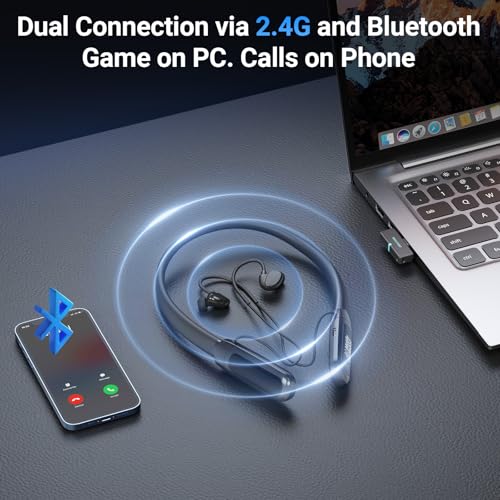 Middle Rabbit Rampage 2 Gaming Earbuds with 2.4G USB Dongle, 20ms Low Latency, Wireless Bluetooth Neckband Headphones for Work & Play, Mic, 32H Playtime, Around-the-Neck, for PS5/PC/Laptop