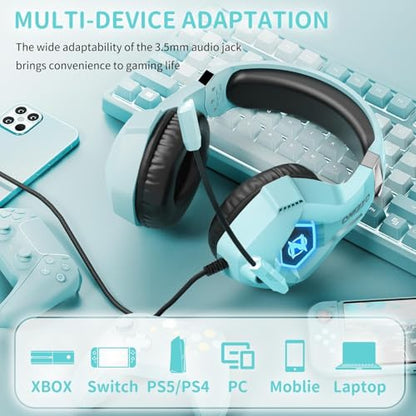 Ozeino Gaming Headset for PC, Ps4, Ps5, Xbox Headset with 7.1 Surround Sound, Gaming Headphones with Noise Cancelling Mic RGB Light Over Ear Headphones for Xbox Series X/S, Switch-Light Blue - color: Light Blue