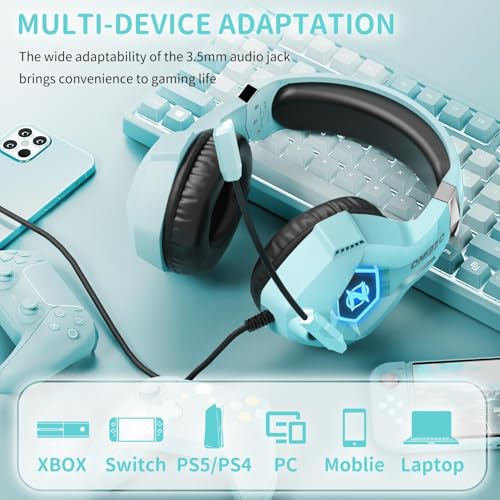 Ozeino Gaming Headset for PC, Ps4, Ps5, Xbox Headset with 7.1 Surround Sound, Gaming Headphones with Noise Cancelling Mic RGB Light Over Ear Headphones for Xbox Series X/S, Switch-Light Blue - color: Light Blue