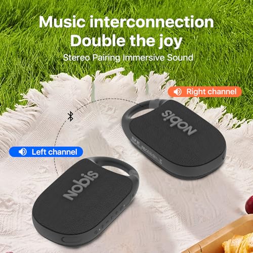 NOBIS Clip Portable Bluetooth Speaker, Up to 24H Playtime, IP68 Waterproof | BT 5.3, HD Sound & Custom EQ Via App, Wireless Stereo Pairing, Built-in Carabiner for Outdoor & Travel - color: Black