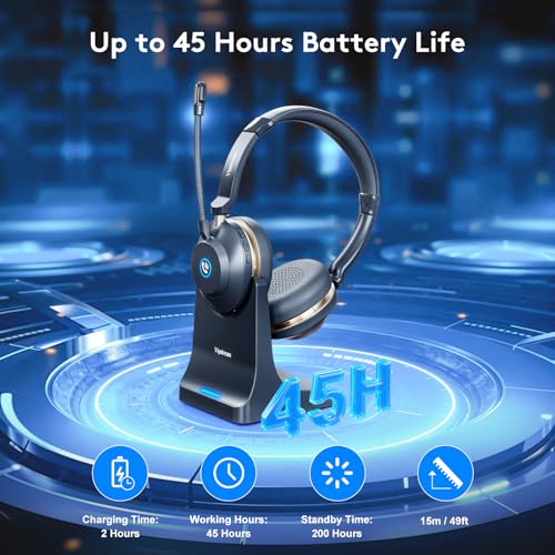 Wireless Headset With Microphone, Bluetooth 5.3 Headset With 45H Battery | Bluetooth 5.3, 45H Talk Time, Mute Button, Charging Base, Protein Leather Cushions for Work Calls and Online Meetings