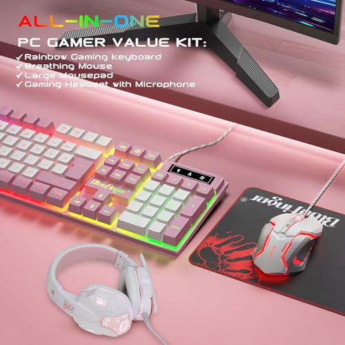 BlueFinger RGB Gaming Keyboard and Backlit Mouse and Headset Combo, USB Wired Backlit Keyboard, LED Gaming Mouse Set, Headset with Microphone for Laptop PC Computer Game and Work (Pink & White) - color: Pink & White
