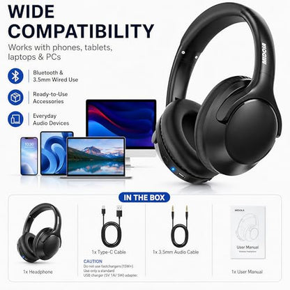 Bluetooth Headphones Wireless 68H with Mic,Decent Sound-Acceptable Black | Adjustable Headband Foldable Over-Ear Lightweight for Office/Travel/Tablet/iPad/Laptop,HD Stereo Sound,Aux 3.5mm,Black - color: Black