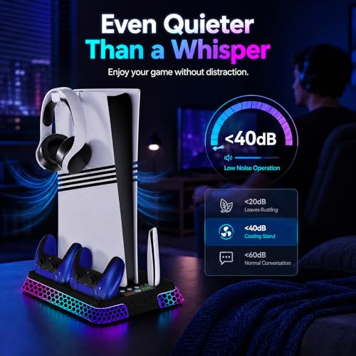PS5 Stand with Hexagon RGB Aesthetics,PS5 Cooling Station for PlayStation 5 Slim Pro Disc Digital Console with Cooling Fan,Dual Controller Fast Charger USB Hub Headset Holder Game Storage (Black)