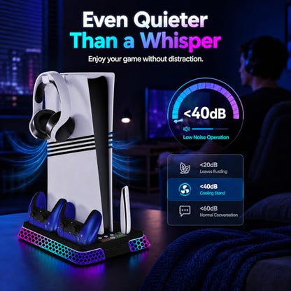 PS5 Stand with Hexagon RGB Aesthetics,PS5 Cooling Station for PlayStation 5 Slim Pro Disc Digital Console with Cooling Fan,Dual Controller Fast Charger USB Hub Headset Holder Game Storage (Black)