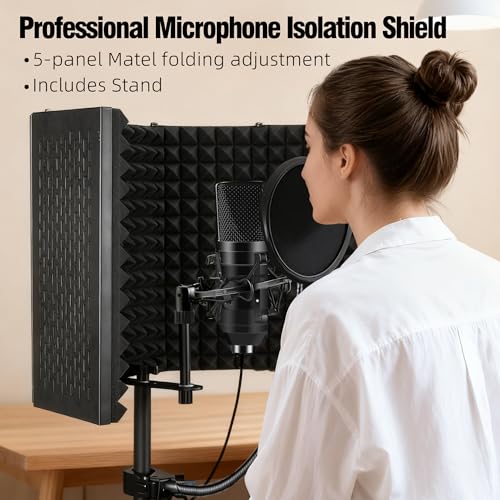 Microphone Isolation Shield, Foam Protection with Pop Filter, Tripod Stand, Foldable Design