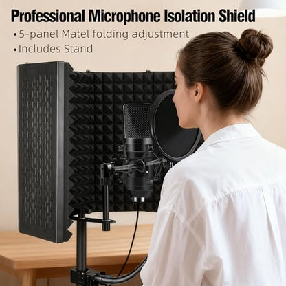 Microphone Isolation Shield, Foam Protection with Pop Filter, Tripod Stand, Foldable Design