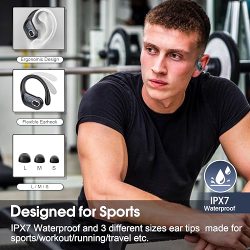 Wireless Earbuds 75H Bluetooth 5.4 Sport Headphones with Earhooks, Black | IPX7 Waterproof In-ear Buds Feature ENC Noise Cancelling Mic & Deep Bass. Stereo Sound Device for Gym Running Workout - color: Black